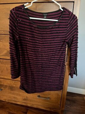 Ann Taylor Burgundy & Black Striped Long Sleeve Tee